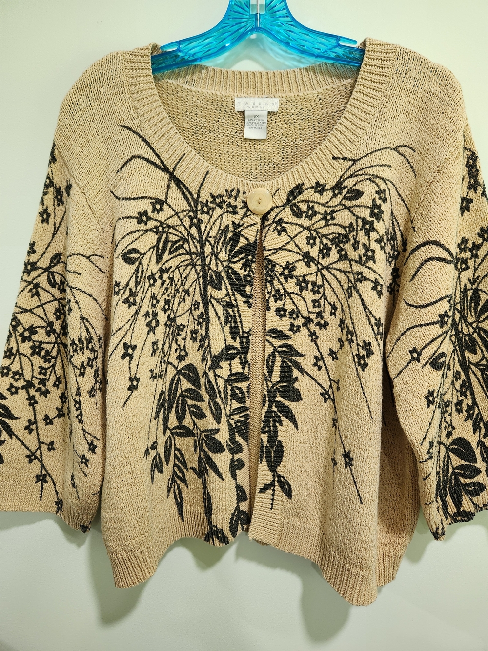Tweeds Beige Cardigan with Black Botanical Print